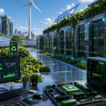 Ilustrasi green computing 2026 dengan data center ramah lingkungan, server hemat energi, dan teknologi komputer berwarna hijau biru futuristik.