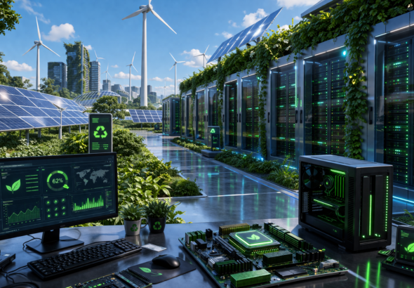 Ilustrasi green computing 2026 dengan data center ramah lingkungan, server hemat energi, dan teknologi komputer berwarna hijau biru futuristik.