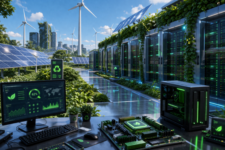 Ilustrasi green computing 2026 dengan data center ramah lingkungan, server hemat energi, dan teknologi komputer berwarna hijau biru futuristik.
