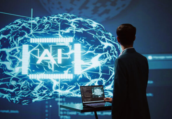 Ilustrasi komputer AI 2026 dengan chip kecerdasan buatan, server machine learning, dan workstation modern bernuansa biru futuristik.