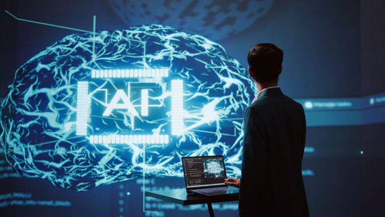 Ilustrasi komputer AI 2026 dengan chip kecerdasan buatan, server machine learning, dan workstation modern bernuansa biru futuristik.