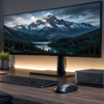 Ilustrasi Mini PC 2026 dengan desain ringkas, monitor ultrawide modern, prosesor AI, dan ruang kerja minimalis bernuansa biru futuristik.