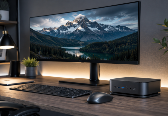 Ilustrasi Mini PC 2026 dengan desain ringkas, monitor ultrawide modern, prosesor AI, dan ruang kerja minimalis bernuansa biru futuristik.
