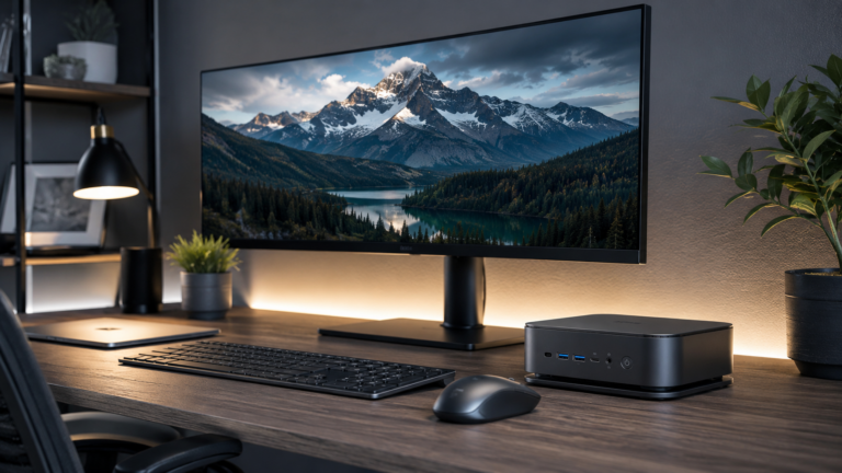 Ilustrasi Mini PC 2026 dengan desain ringkas, monitor ultrawide modern, prosesor AI, dan ruang kerja minimalis bernuansa biru futuristik.