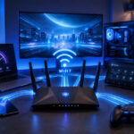 Ilustrasi komputer modern dengan router Wi-Fi 7, laptop, desktop gaming, dan jaringan wireless berkecepatan tinggi.