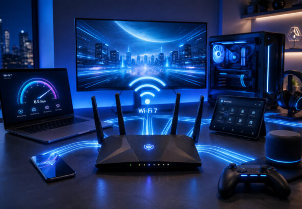Ilustrasi komputer modern dengan router Wi-Fi 7, laptop, desktop gaming, dan jaringan wireless berkecepatan tinggi.