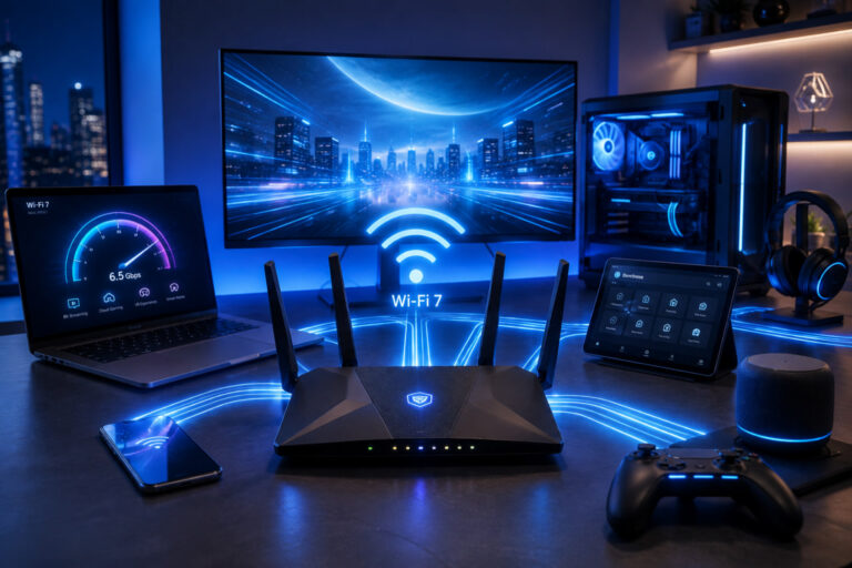 Ilustrasi komputer modern dengan router Wi-Fi 7, laptop, desktop gaming, dan jaringan wireless berkecepatan tinggi.