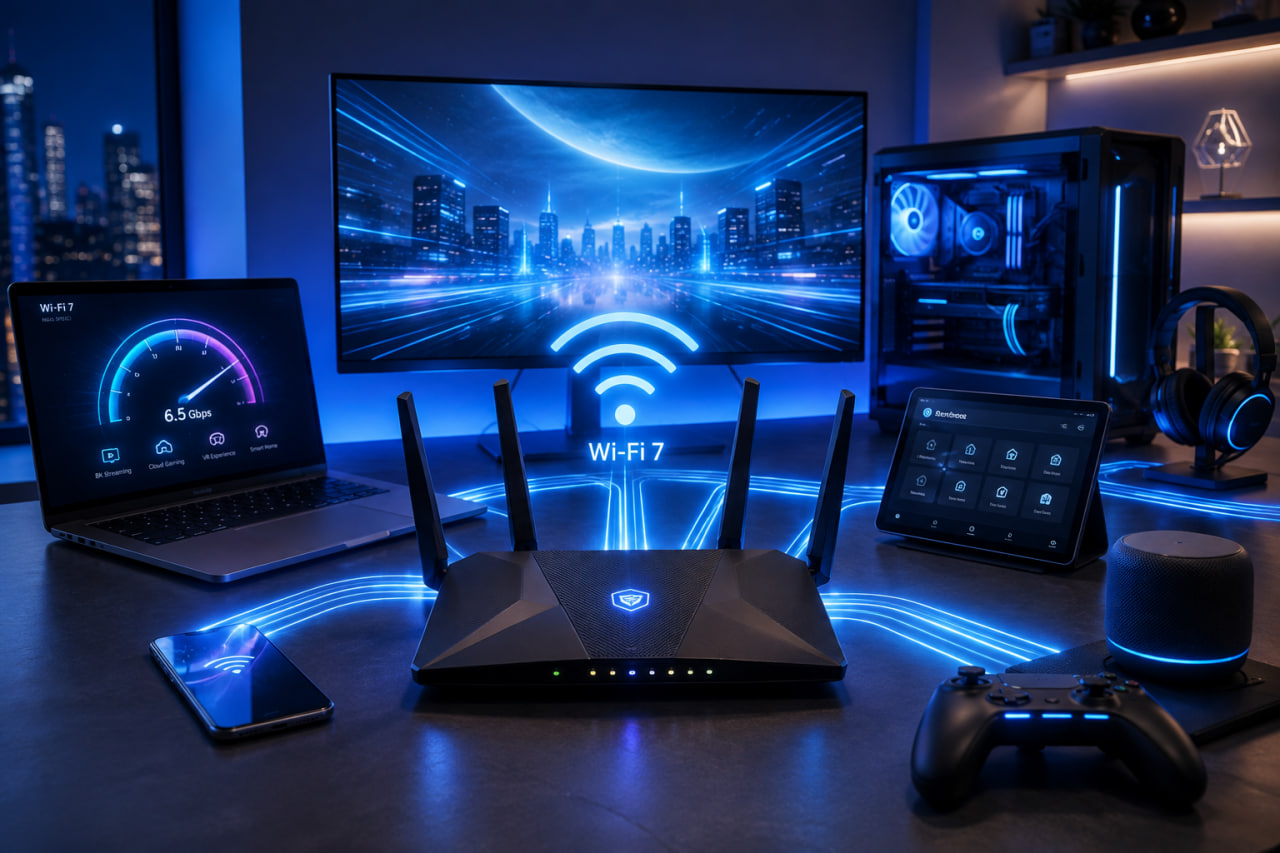 Ilustrasi komputer modern dengan router Wi-Fi 7, laptop, desktop gaming, dan jaringan wireless berkecepatan tinggi.